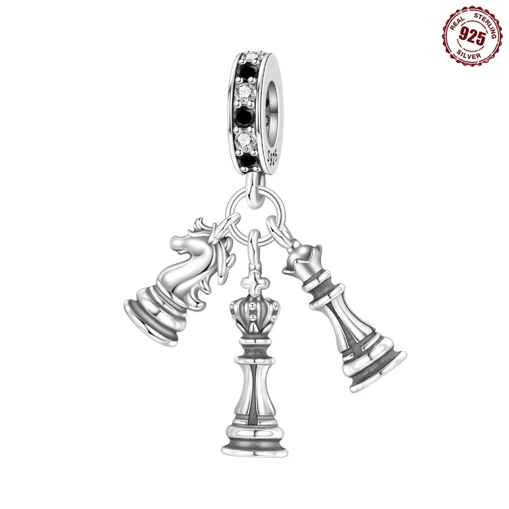 925 Sterling Silver Chess Pieces Dangle Charm Knight Chessboard Bead Symbol of Wisdom & Strategy Fit Bracelet DIY Jewelry Gift