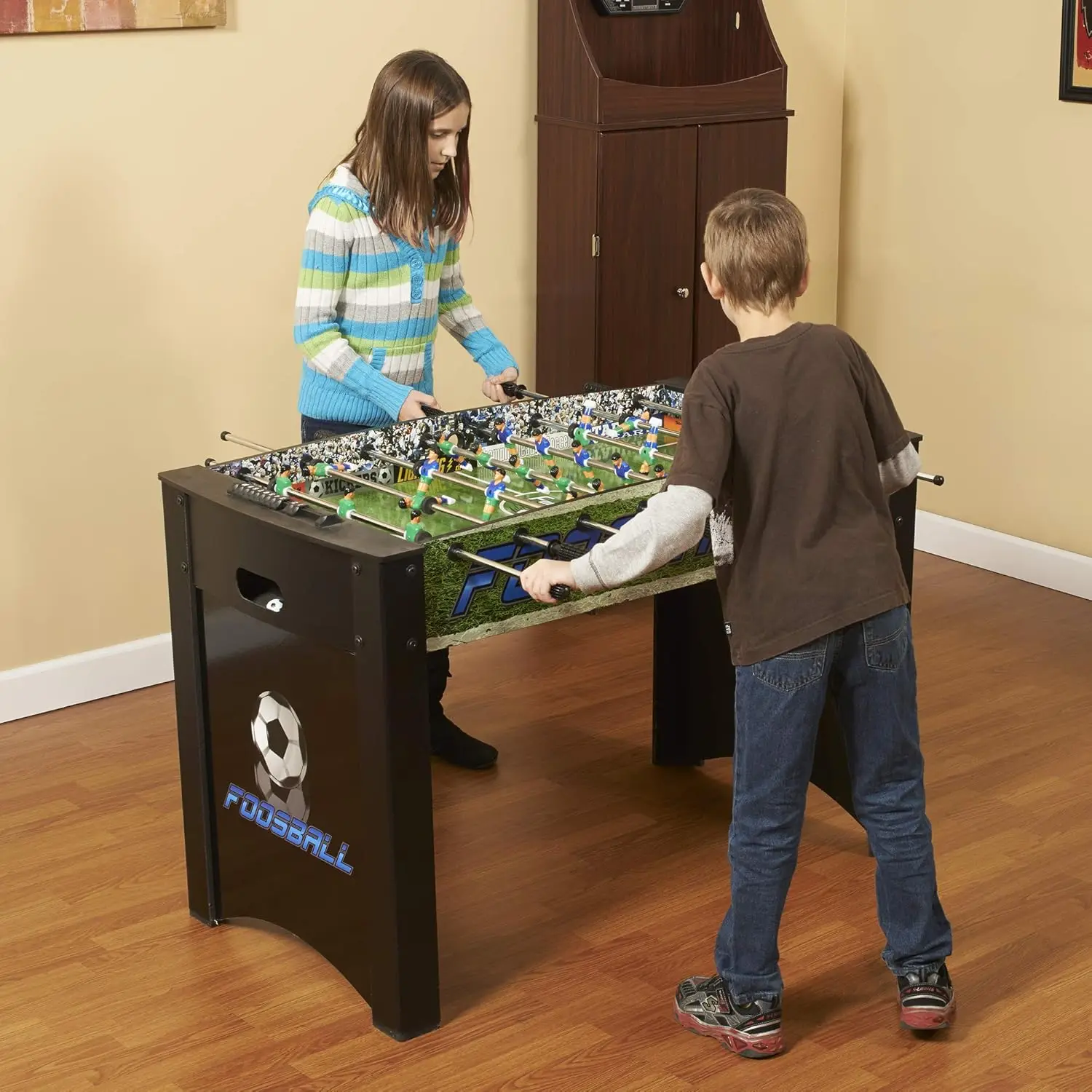 Playoff 4’ Foosball Table, Soccer Game for Kids and Adults with Ergonomic Handles, Analog Scoring and Leg Levelers, Bla