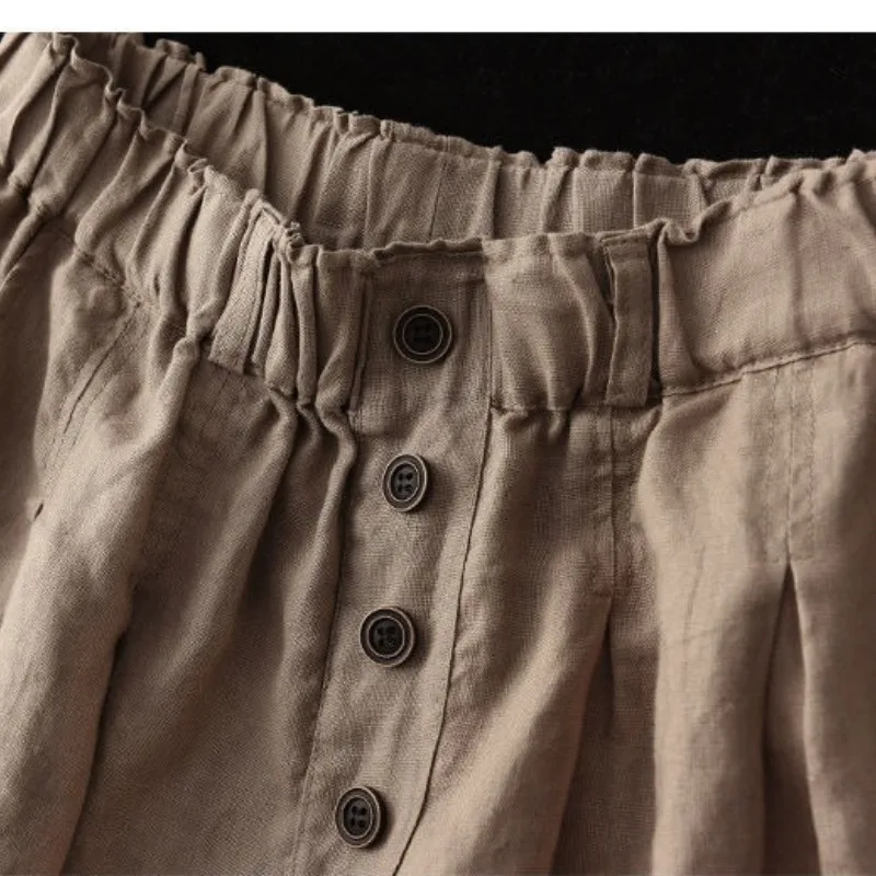 Pantalones cortos de algodón y cáñamo para mujer, Shorts holgados de pierna ancha, elásticos, cómodos, con bolsillo sólido, 2024