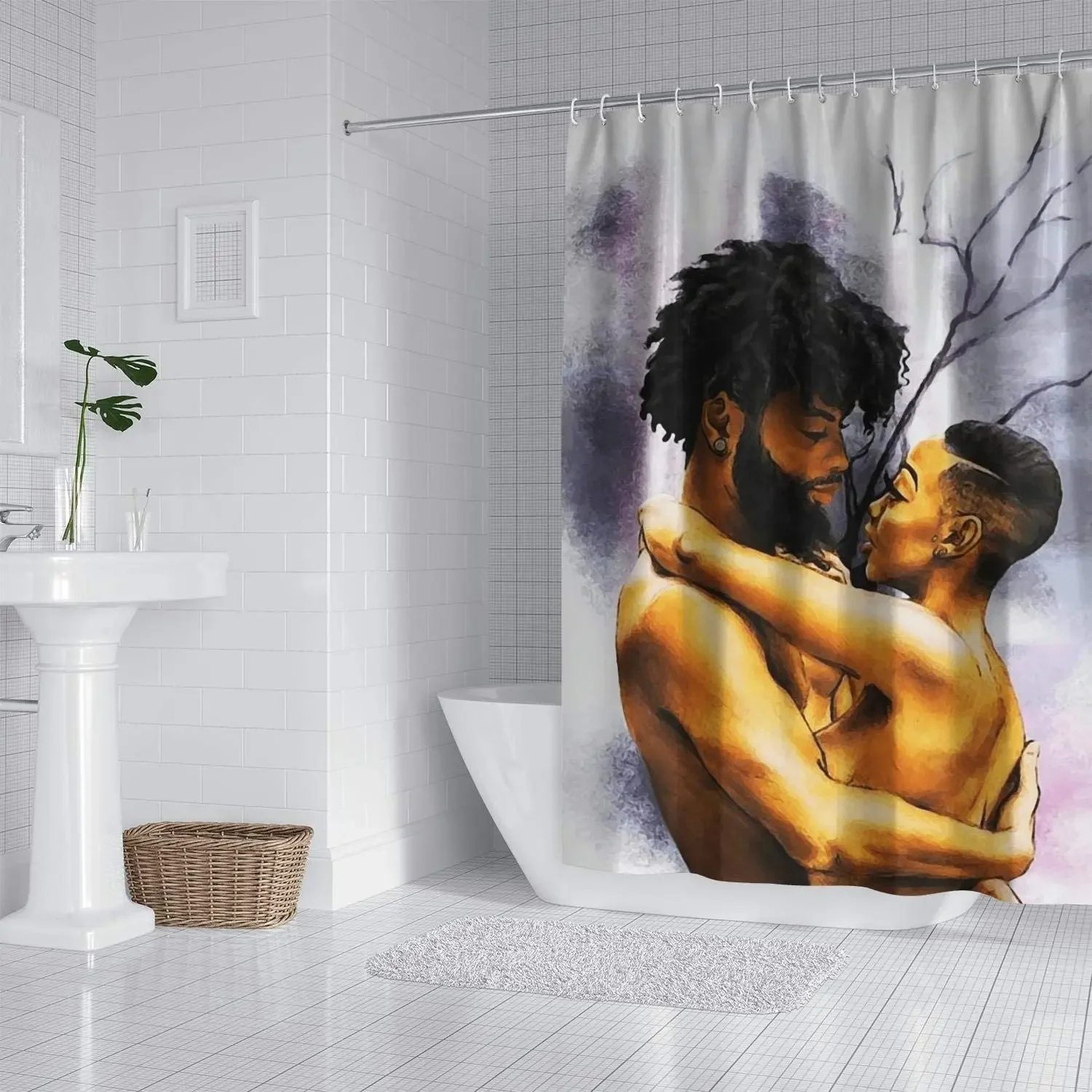 Polyester Dark-Skinned Black Art African American Lover Couple Shower Curtain Bedroom Decor