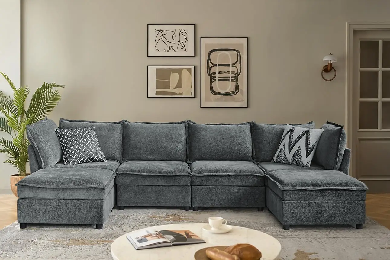 Modular Sectional Sofa With Storage, 6 Seater, Grey, Customized