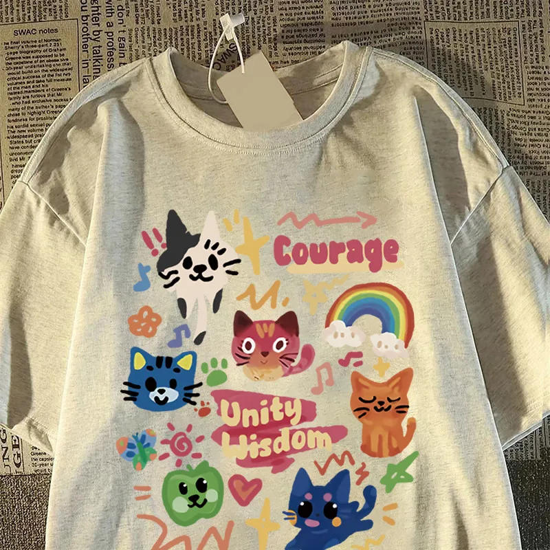 Summer Japanese Cute Child-fun Cat Printed Short-sleeved T-shirt for Ladies and Boys Same Loose Casual Large-size Top