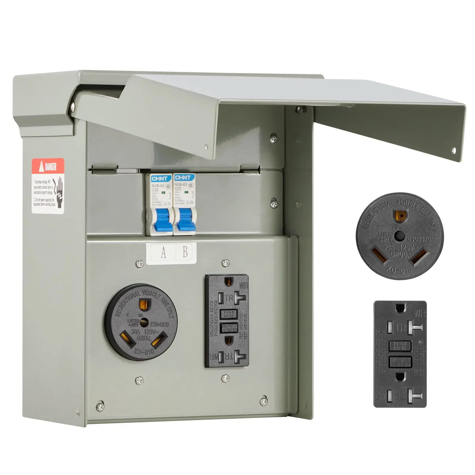Temporary Power Outlet Panel, 20 30 Amp, RV EV Electrical Outlet Panel with NEMA 30 Amp GFCI 20 Amp Receptacle Installed, Pre-Wi