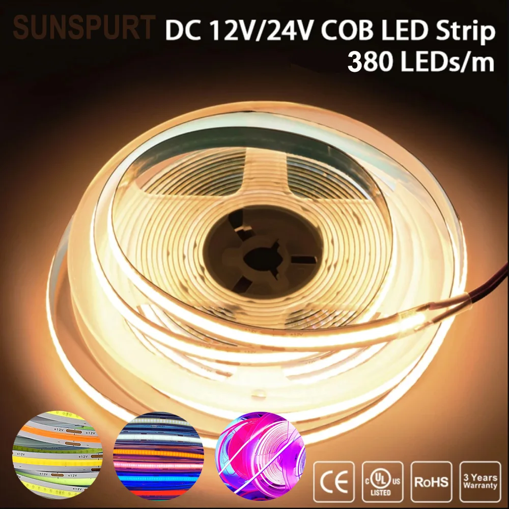 

COB LED Strip 384LEDs/M High Density Flexible COB LED Lights DC12V 24V RA90 3000K 4000K 6000K Red Blue Green LED Tape 0.5m-100M