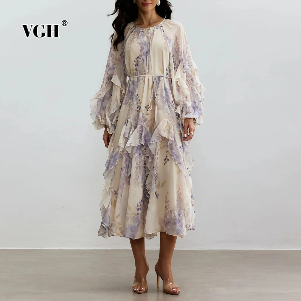 

VGH Slimming Printing Elegant Dresses For Women Round Neck Long Sleeve High Waist Spliced Folds Casual Dress Female Fashion New