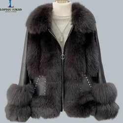 Faux Fox Fur Coats for Women,Fox Fur Collar PU Jackets,Spliced Overcoat,Female Clothes,Turn-down Collar,Thicken Warm,New ,Winter