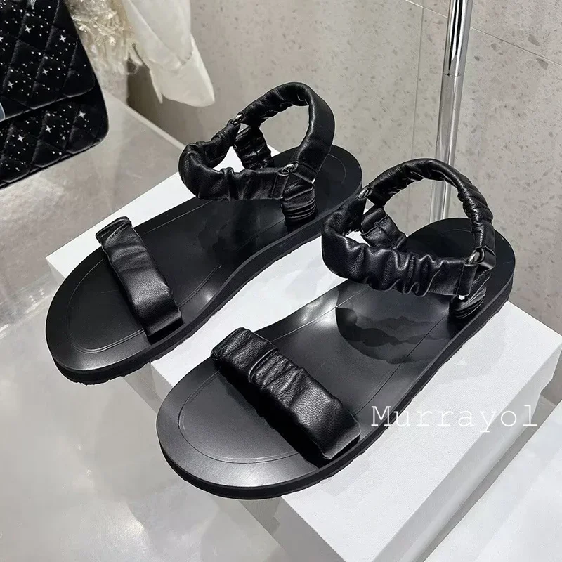 여성용 천연 가죽 원 스트랩 플랫 바텀 샌들, 주름 디자인 백 스트랩 샌들, 여름 오픈 토 비치 슈즈, 글래디에이터