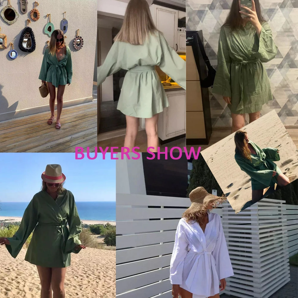 Women\'s V-Neck Kimono Cardigan Mini Dress Cotton Linen Long Sleeve Sashes Dresses Robe Style Lace Up Summer Loose Vestidos