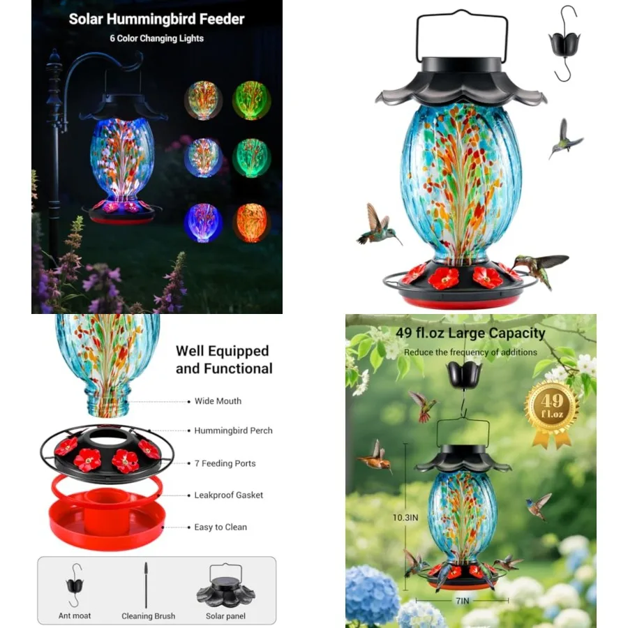 

Solar Hummingbird Feeder - 49 fl.oz Hand Blown Glass Color Changing - 7 Feeding Ports with Perch - Never Leak - Perfect Humming
