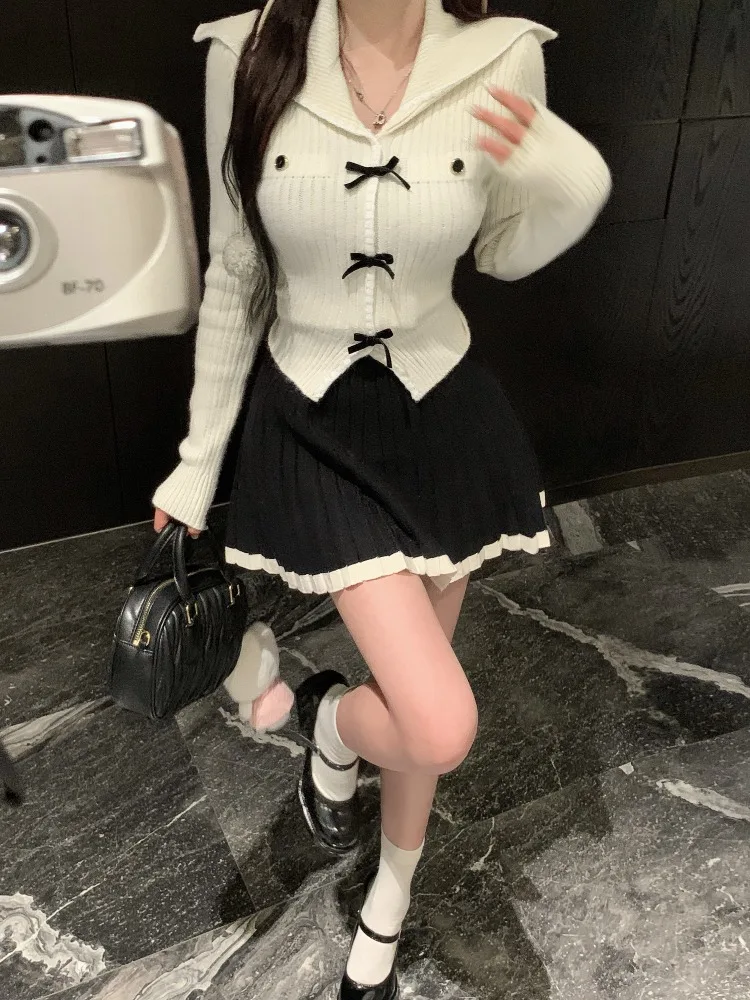

Elegant Anti-Aging Pink Bowtie Long Sleeve Sweater High Waist Skirt Set for Women Korean Style Commute V-Neck Sweater