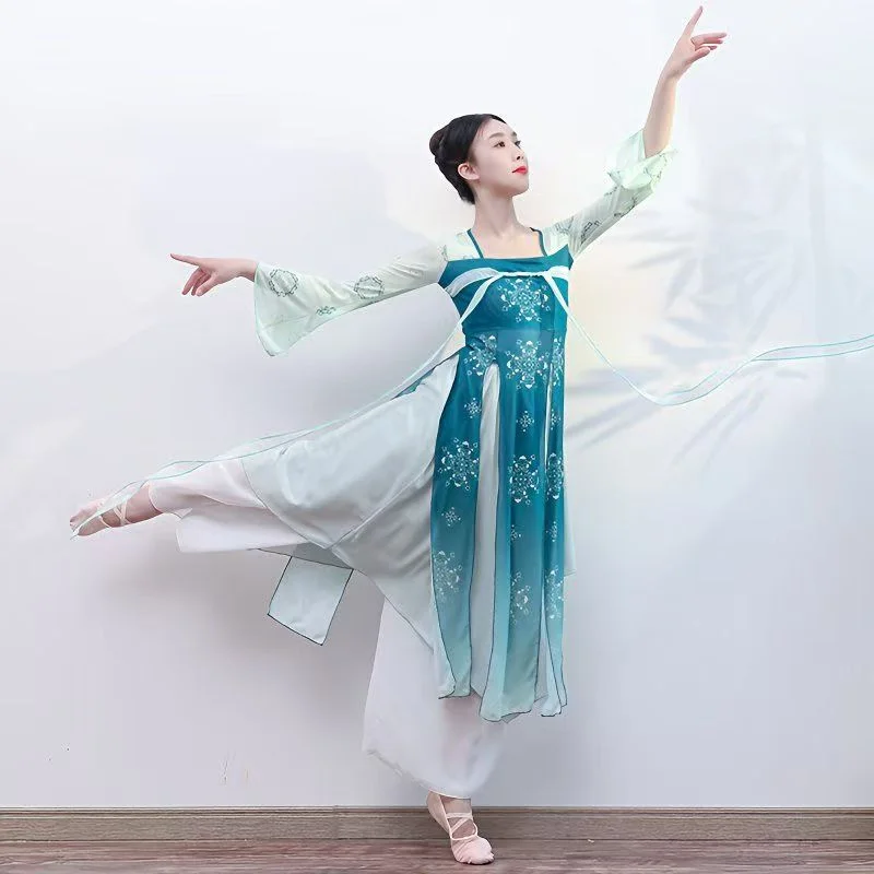 Klasyczny kostium taneczny dla kobiet dynastii Han Tang w stylu chińskim strój sceniczny pokaz występów elegancka długa sukienka do ćwiczeń z siateczki