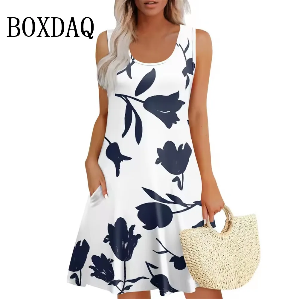ชุดเดรสฤดูร้อนสําหรับผู้หญิง 2025 Casual หลวม Sundress กระเป๋าชายหาดชุดสั้นแขนกุด O-คอผู้หญิงชุดพิมพ์ลายดอกไม้