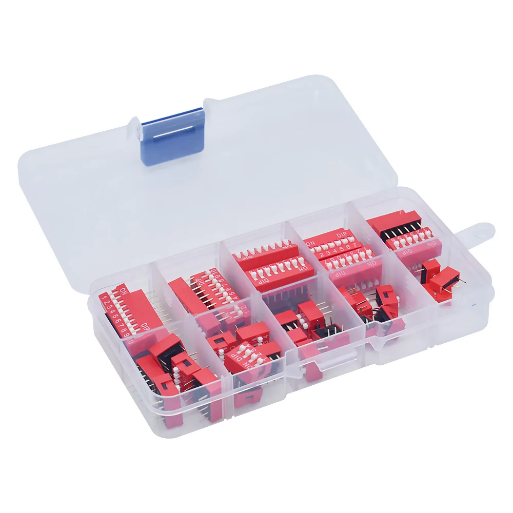 WAVGAT Dip Switch Kit In Box 1 2 3 4 5 6 7 8 10 Way 2.54mm Toggle Switch Red Snap Switches Mixed Kit Each 5PCS Combination Set