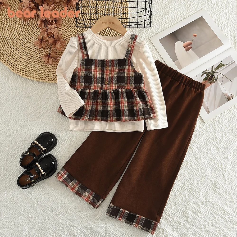 Bear Leader Fashion Casual Autumn Girls' Clothing Korean Kids Clothes Girls Checkered Vest+Long Sleeved Top+Color Blocked Pants