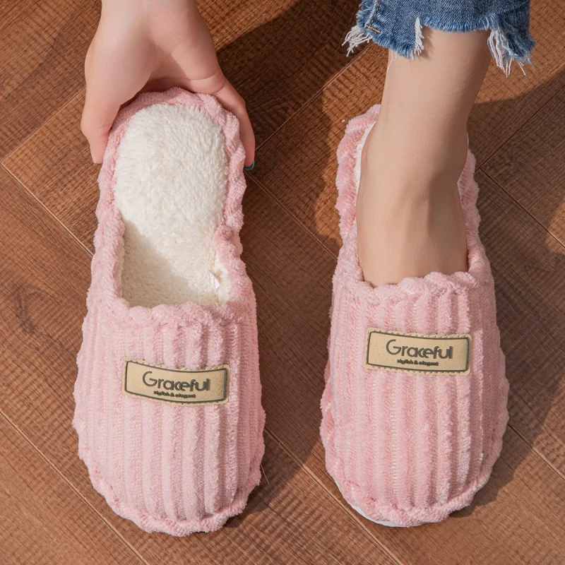 Winter Warm Graceful Home Slippers Women Indoor Lightweight Plush Slides Couples Concise Home Non-slip Corduroy Fluffy Sandals image 6