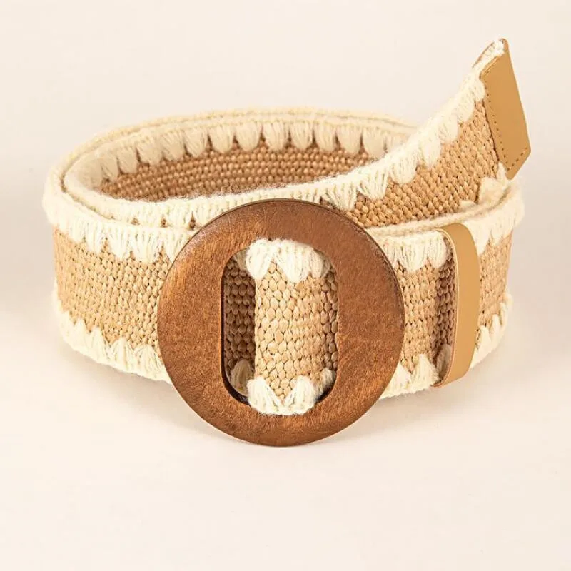 Spring/summer Patchwork Round Wood Buckle Women Belt Fashion Female Braided Wide Belts Designer PP Straw Woven Girls Waistband