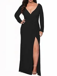 Plus Size Sexy Split Hem V-Neck Evening Dress Long Sleeve Casual Vintage Cocktail Party Long Dress Spring 2024 Women Dresses