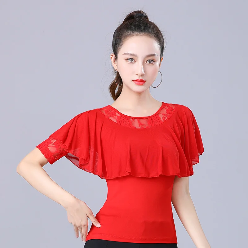 

Square Dance Modern Waltz Top Female Crew Neck New Dance Clothes Ruffles Latin Dance Costume Summer Ballroom