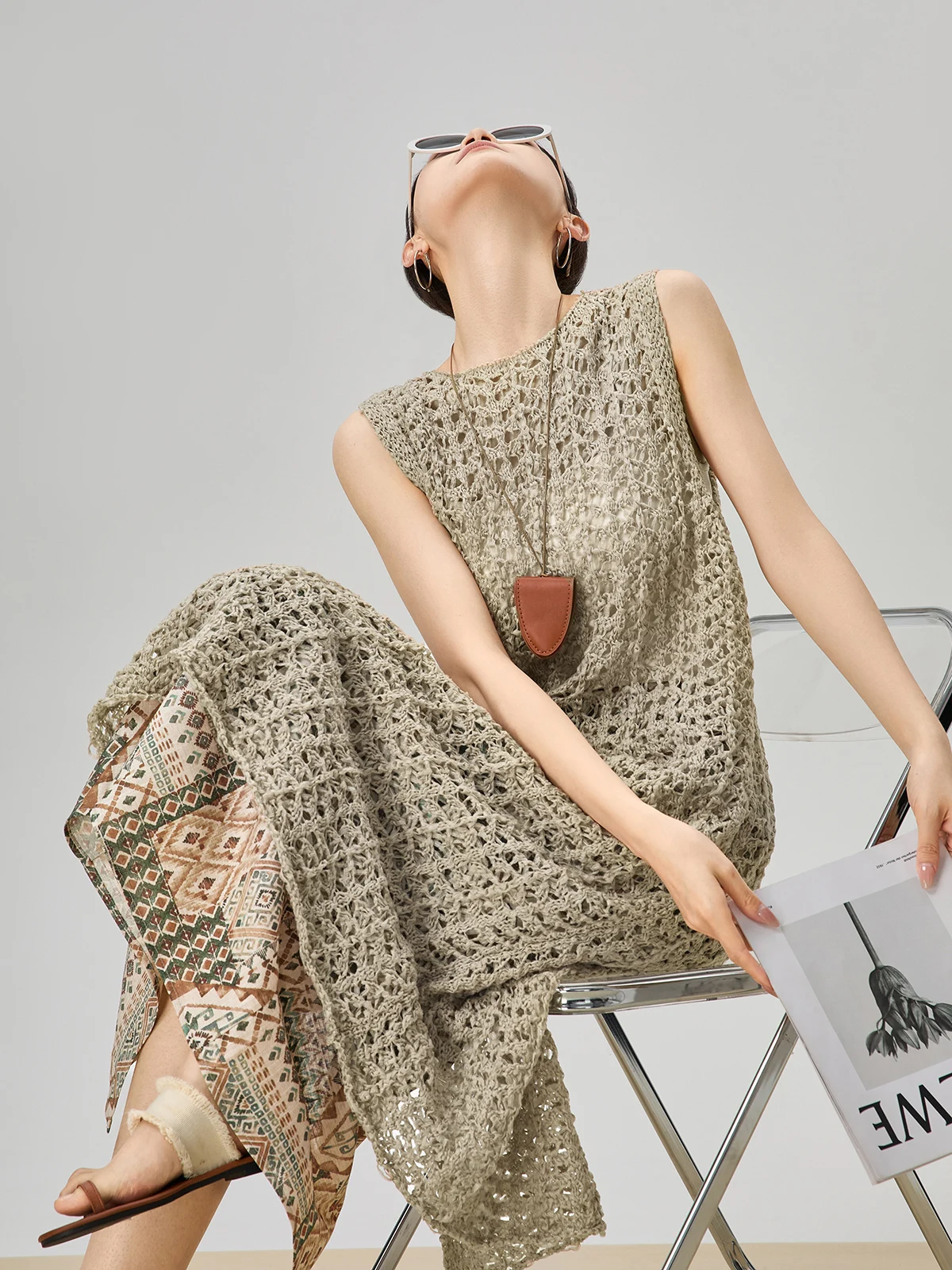 

Женский вязаный комплект с принтом Guuli: юбка и пуловер с вырезами, модный летний костюм-двойка с круглым вырезом