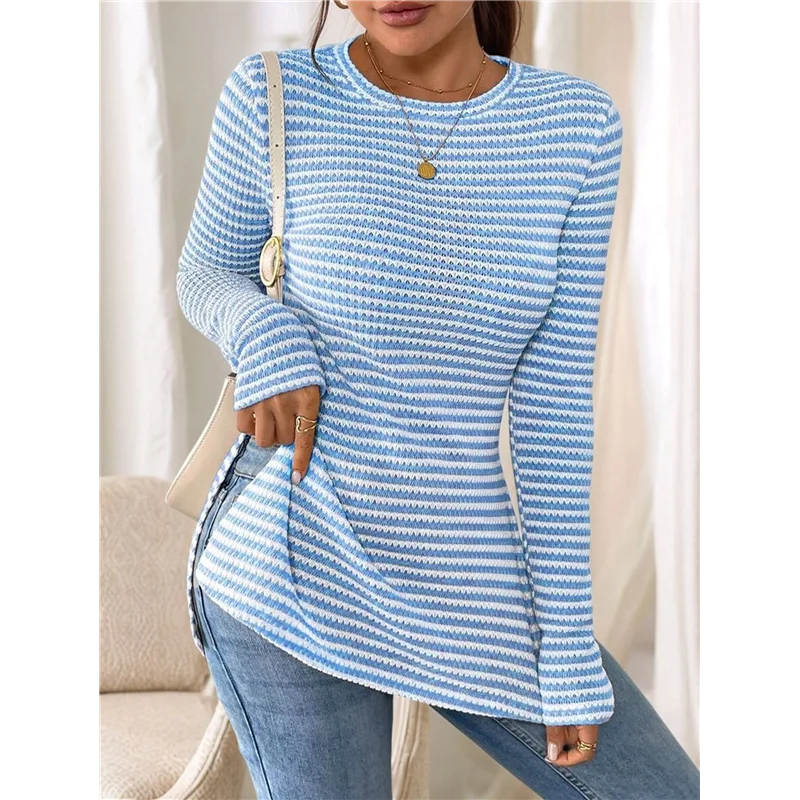 

WOTT-Women's Striped Long Sleeve T Shirt Crew Neck Slit Hem Slim Fit Tee Tops
