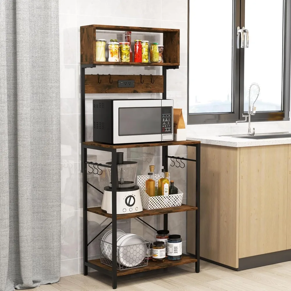 حامل ميكروويف للمطبخ مع مخرج طاقة و10 خطافات على شكل حرف S، ورف تخزين طويل القامة، وبار القهوة #2