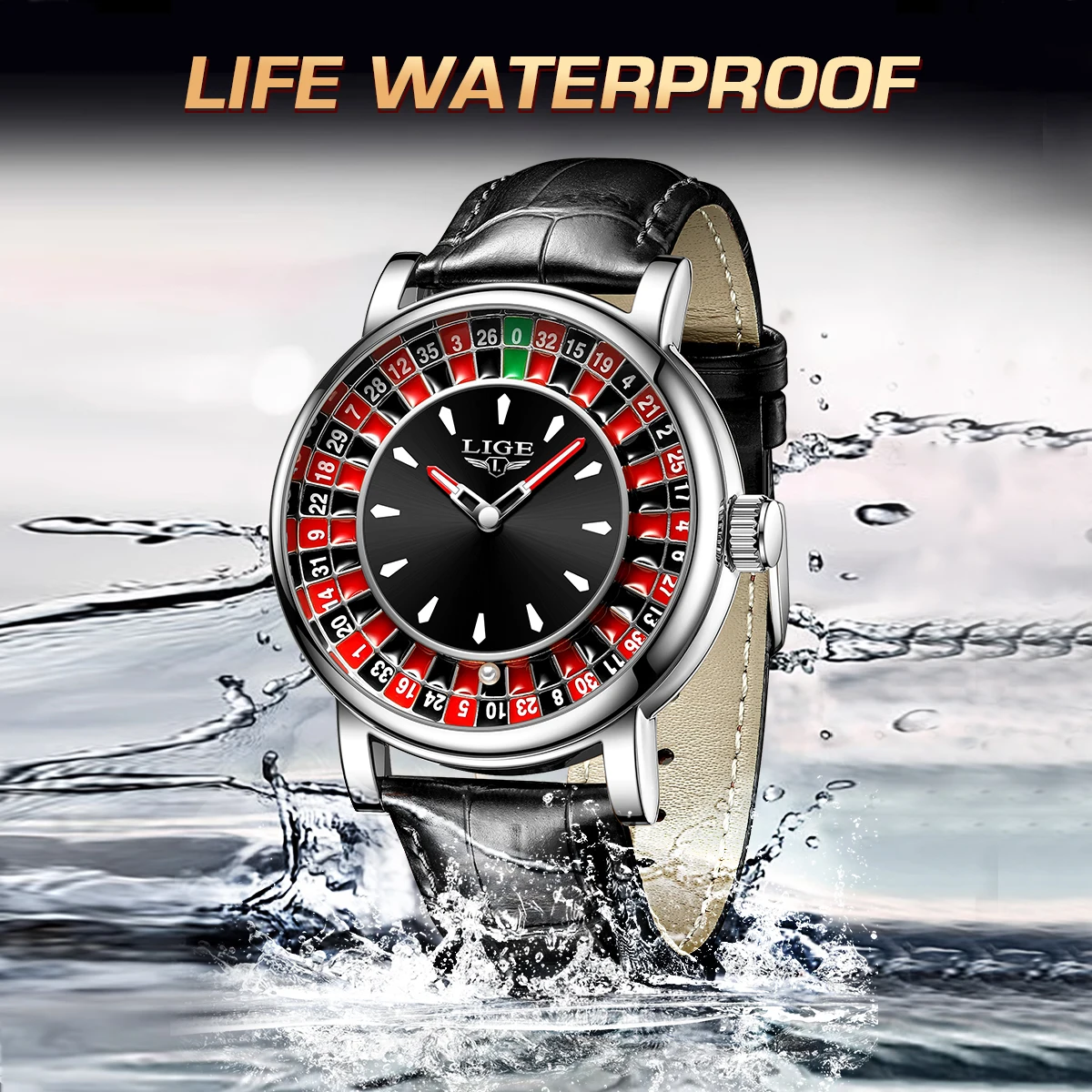 LIGE ساعة كوارتز للرجال موضة فاخرة إبداعية لعبة الروليت تصميم الطلب جلدية عادية الحياة مقاوم للماء ساعات للرجال هدايا + صندوق