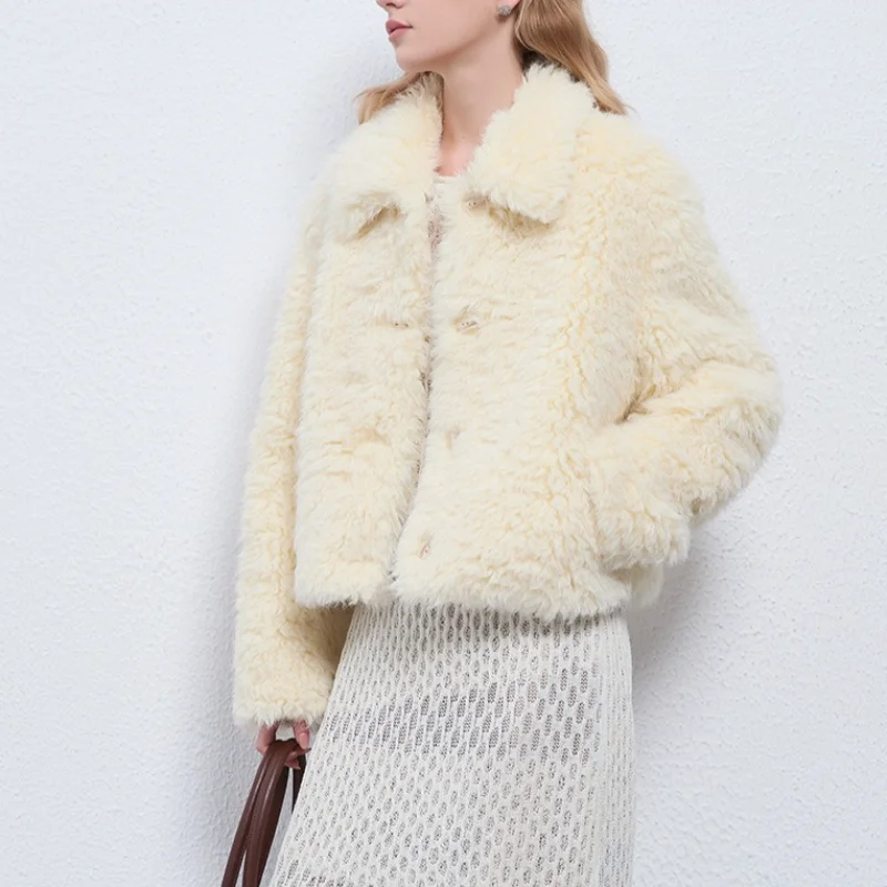 High Quality Autumn Winter Lapels Short Fur One Fake Fur Coat Women Fashion Warm Long Sleeve Loose Basic Thick Coat Woman