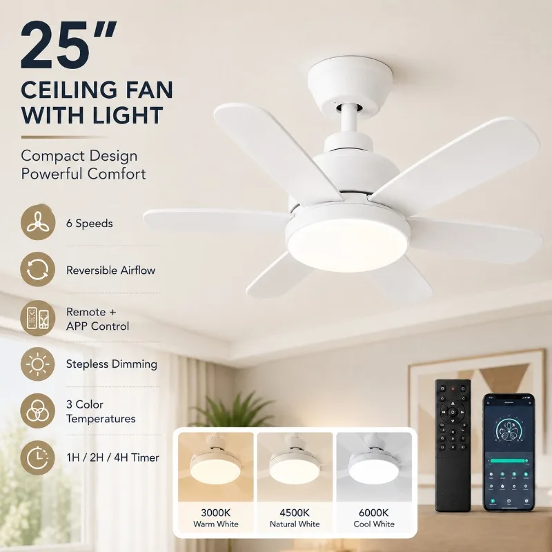 25 Inch Ceiling Fan with LED Light Remote APP Control 6 Speed Reversible Dimmable Quiet for Bedroom Home Ceiling Fan Light