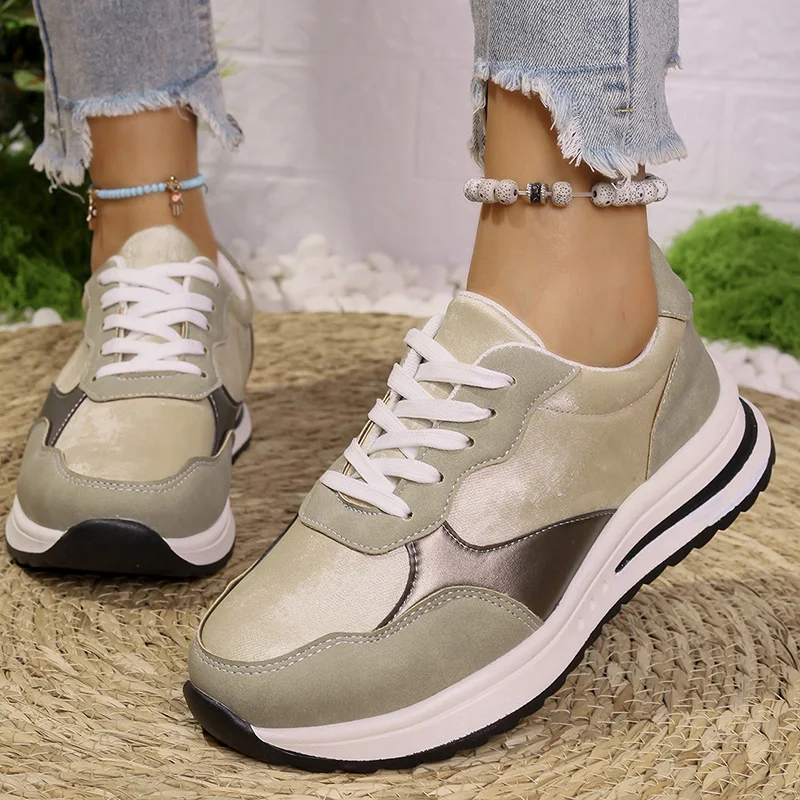 2025 جديد مزيج اللون منصة أحذية رياضية النساء مريحة الدانتيل متابعة أحذية رياضية غير رسمية امرأة الموضة عدم الانزلاق سميكة وحيد أحذية التنس