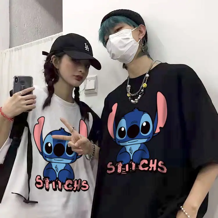 Kawaii Stitch Couple Outfit Short Sleeved T-shirt Japanese Anime  Loose Texture Comfortable and Stylish Cartoon Birthday Gift