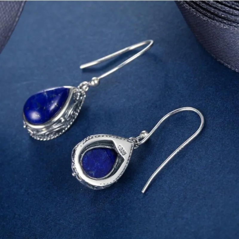 Silver Color Wedding Engagement Jewelry Water Drop Earrings for Women Natural Lapis Lazuli Earrings