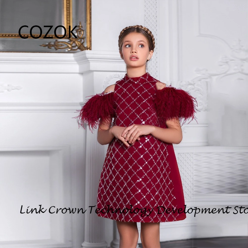 

COZOK Burgundy Flower Girls Dresses for Princess Off Shoulder Knee Length Christmas Dresses with Sequined 2024 فستان عيد الميلاد