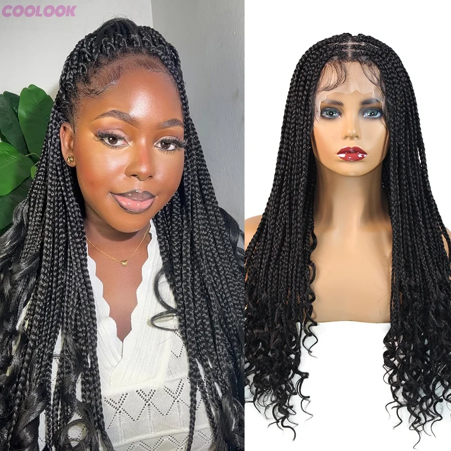 

Cornrows Плетеные парики без узлов с французскими вьющимися волосами 24-дюймовые плетеные полные парики фронта шнурка Синтетические парики ручной работы с плетением волос