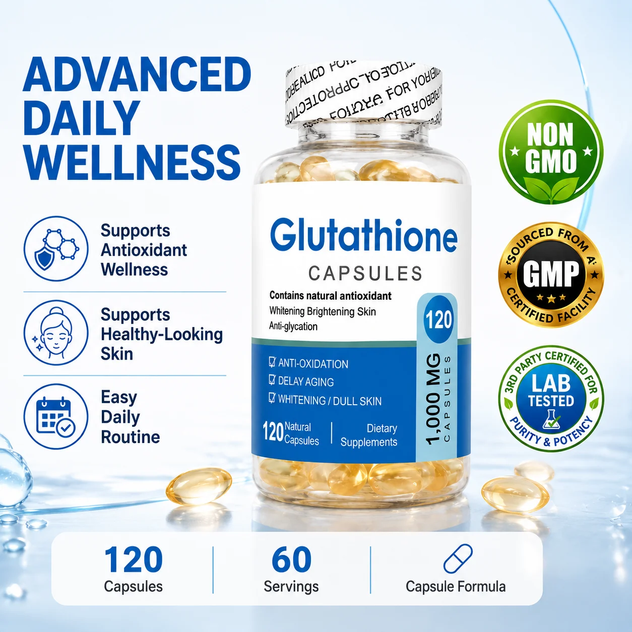 Glutathione Capsules Antioxidant Support 120 Softgel Supplements with Vitamin C D3 Milk Thistle Skin Appearance Support