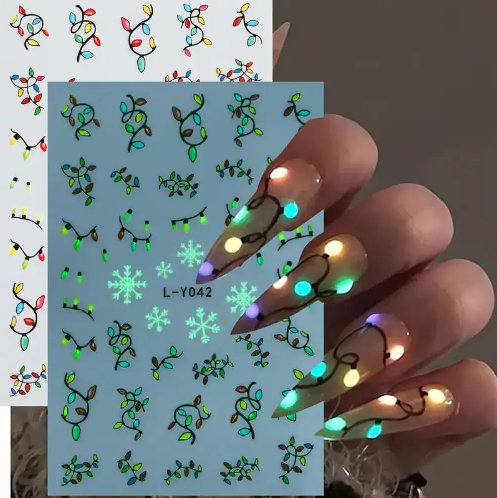 3D New Luminous Colored Light Bulbs Christmas Tree Nail Art Stickers Noctilucent Lanterns Snowflakes Santa Claus Nail Decals
