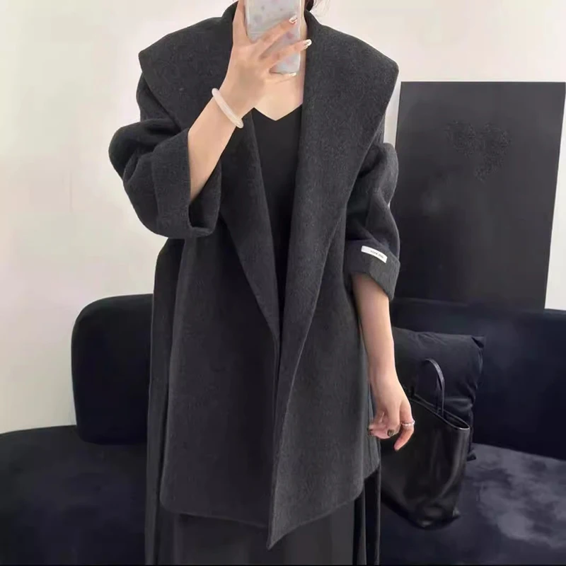 [EWQ] Apricot Cardigan Women's Costume Loose Black Top Chic Outerwear Kaschmir Mantel Women's Clothing Winter 2024 Autumn Tops