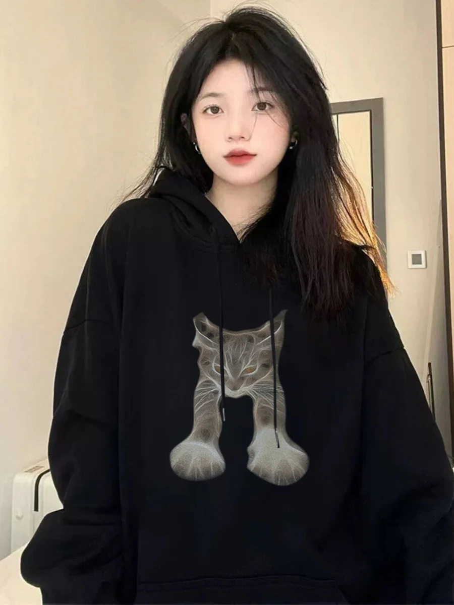 

Womens Clothing Vintage Street Sweatshirt Y2K Cat Pattern Pullover Hoodie Long Sleeves Casual Warm Oversize Baggy Ladies Tops