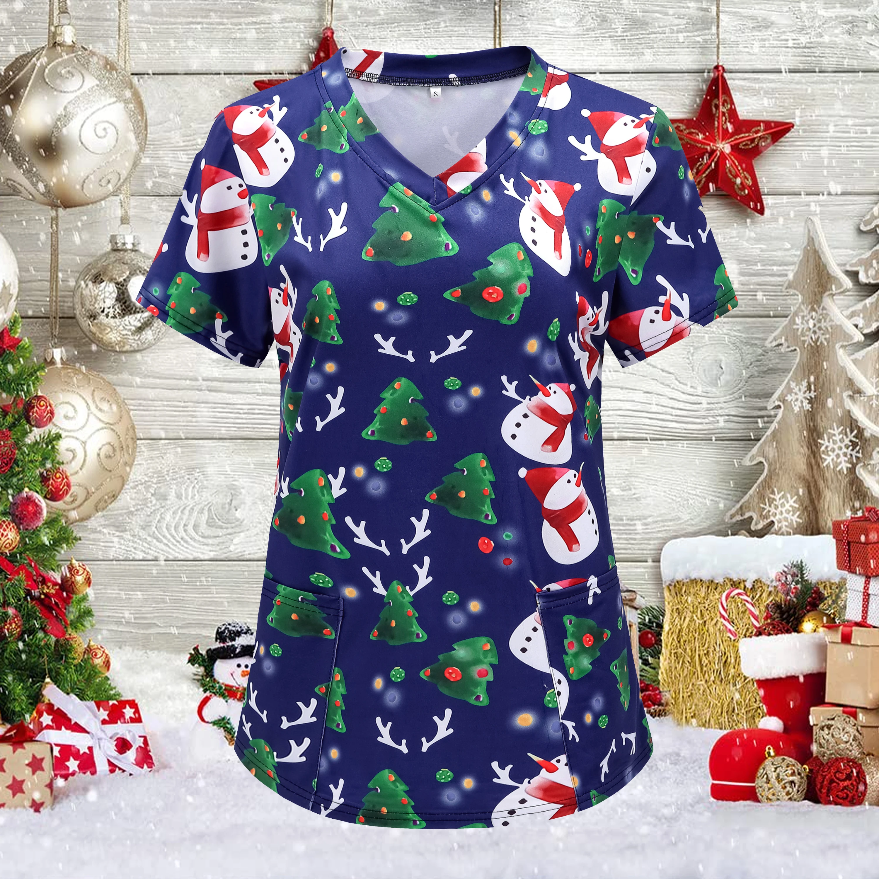 

Christmas Working wear Women Nurse Style T-shirts Pocket Front Tops Casual Short Sleeve V Neck Women's Clothing