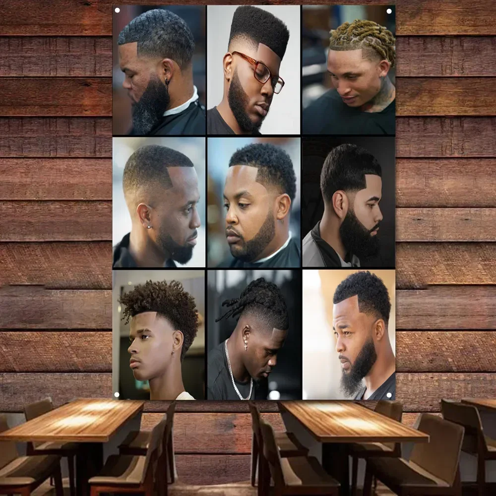 Top African Men's Hairstyle Wall Charts Haircut & Shave Service Poster Vintage Barber Shop Wall Decor Banner Wall Hanging Flag