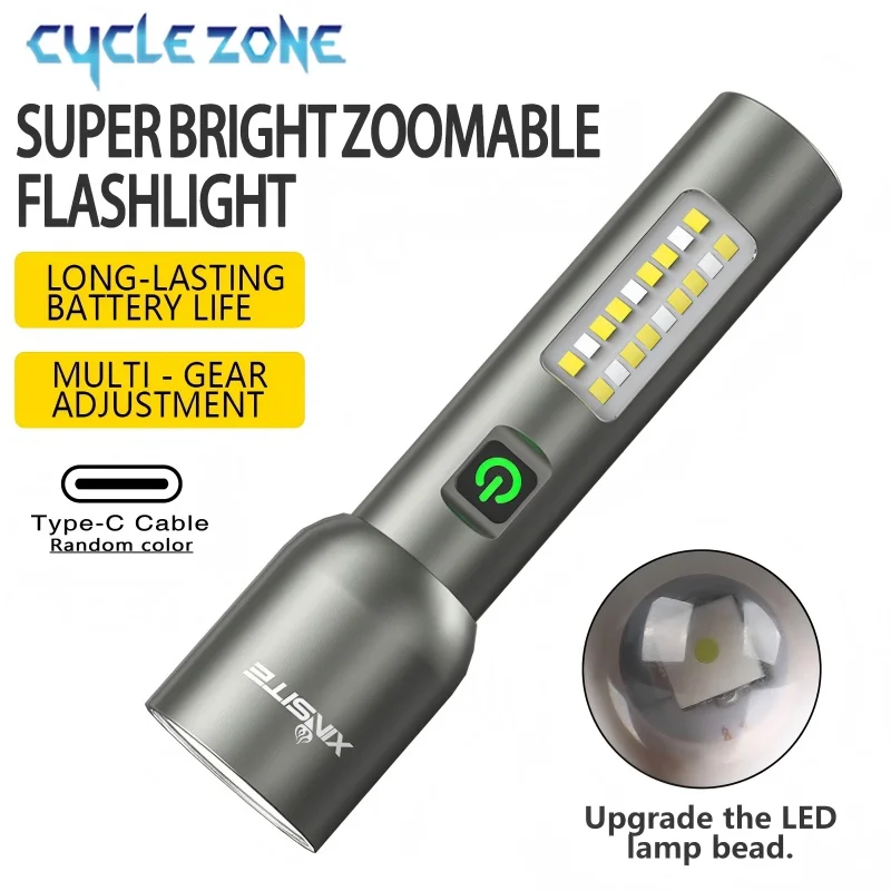 

Zoomable Flashlight Powerful Torch with COB Side Light Type-C Rechargeable LED Flashlight for Outdoor Camping Hiking Fishing