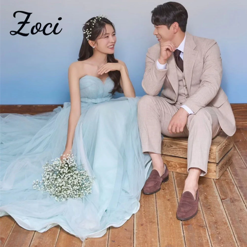 

Zoci Blue Wedding Dresses with Shawl Strapless A-line Sweetheart Collar Bridal Gown Customized Korea Evening Party Dresses