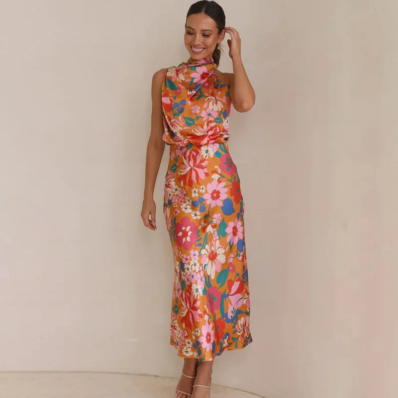 Imagem -02 - Elegante Meia Colarinho Alto Floral Imprimir sem Mangas Verão Novo em Vestidos para as Mulheres 2023 Vintage Lace up Bodycon Party Midi Dress