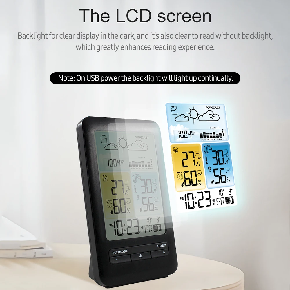 LCD Weather Station Alarm Clock with Snooze Digital Temperature Humidity Monitor Backlight/ Date/ Week/ Moon Phase/ Comfort