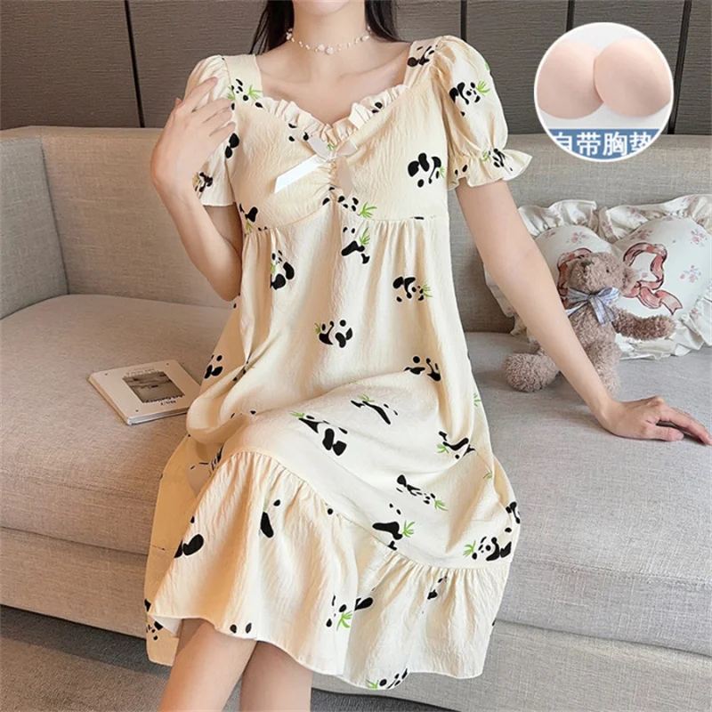 Women\'s Pajamas Dress New Printed Short Sleeve Chest Pad Cotton Nightdress Casual Summer Nightgowns For Women Sleeping Wear