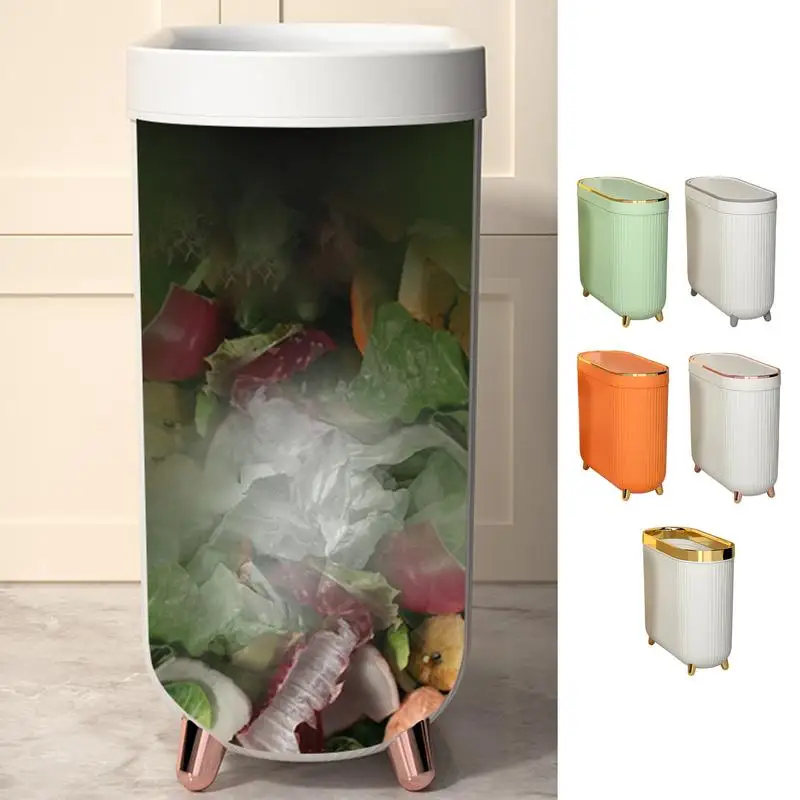 Slim Bathroom Trash Can with Press Top Lid Rectangular  Wastebasket Bedroom Kitchen Garbage Container Bin  For Toilet Waste