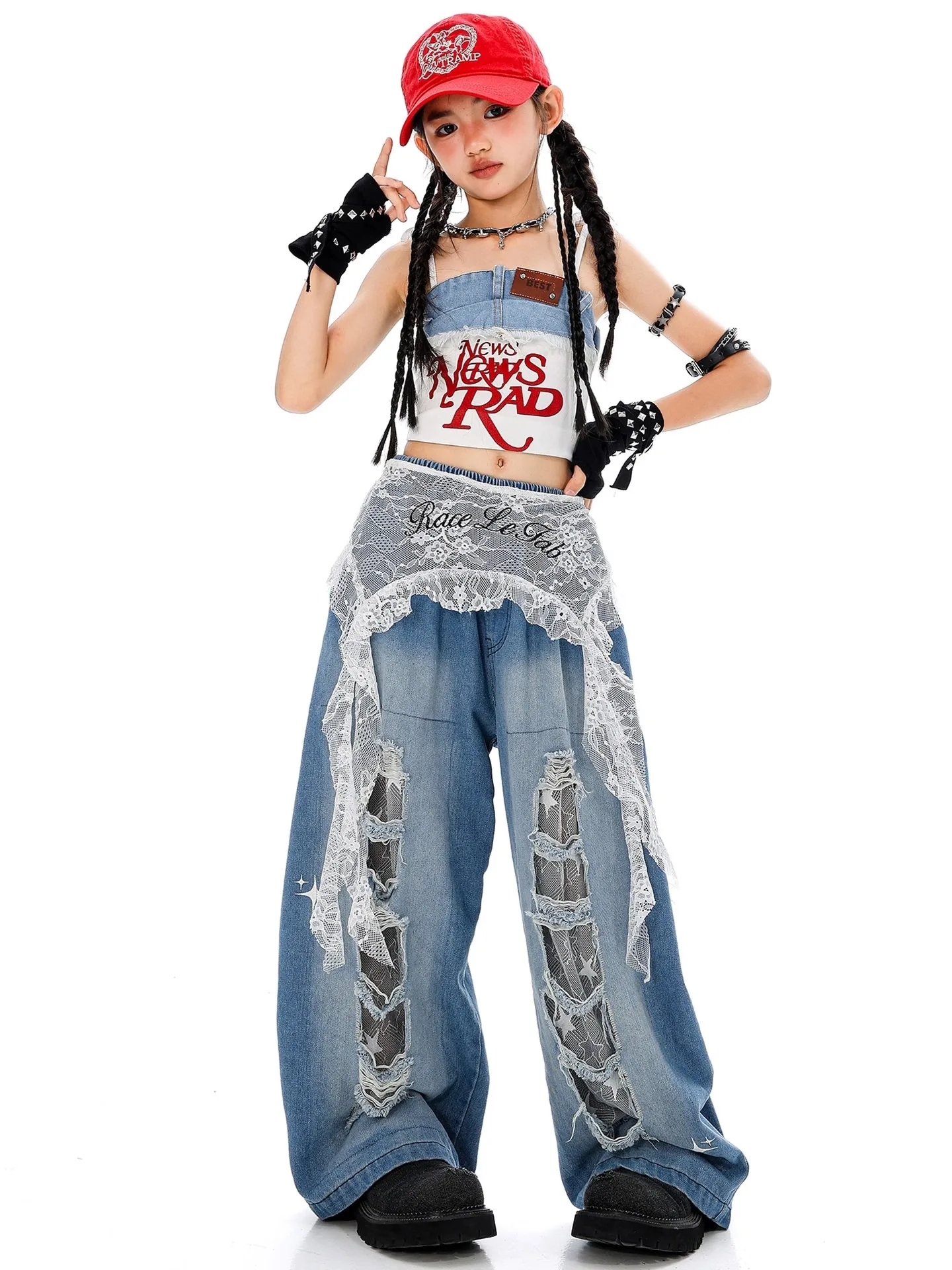2025 الأطفال سترة جينز السراويل فضفاضة وتتسابق الهيب هوب ملابس الرقص للفتيات مجموعة الحديثة أداء الجاز المرحلة ارتداء DQS20139