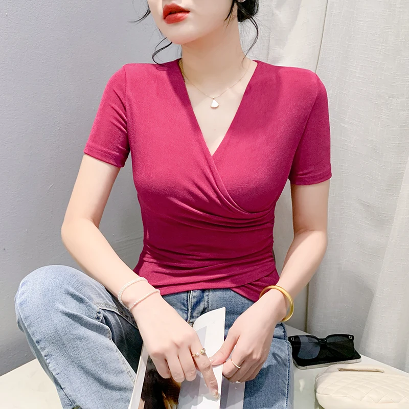 2024 New Arrival Trend Female T-shirt Spring Summer Cross V-neck Shirring Solid Woman S-4XL Short Sleeves Slim Mesh Splicing