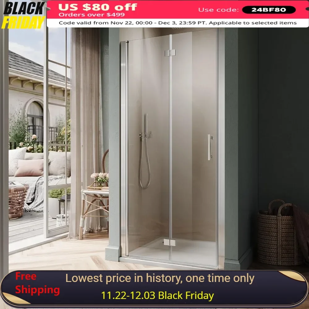 

33.5-35" W X 72" H Shower Doors, 1/4" Clear Glass, Chrome Finish, Frameless Bi-fold Hinged Shower Doors