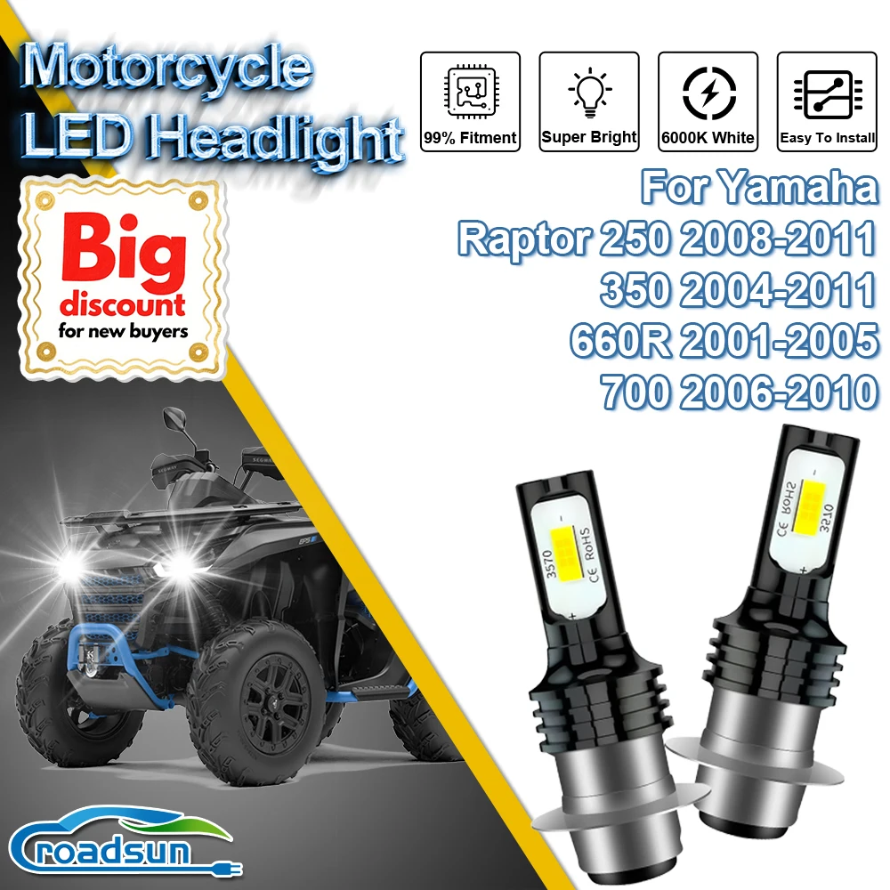 

ROADSUN 1/2PCS LED Headlight Bulbs Headlamp Ampoules For Yamaha Raptor 250 2008-2011 350 2004-2011 660R 2001-2005 700 2006-2010