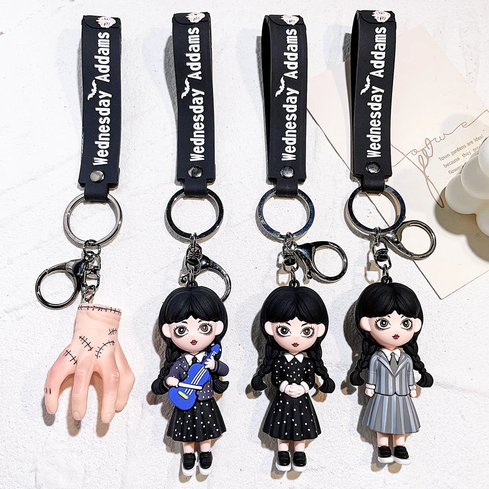 Horror Wednesday Addams Silicone Keychain Toy Thing Hand Home Decor Keychain Doll Schoolbag Pendant Halloween Toy Costume Props